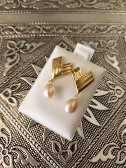 Vintage 14k 14 Karat Gold Peach Pearl Dangle Earrings Brand New