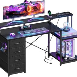   ODK 55 Inch Computer Gaming Desk with Power Outlets & 4 Drawers, Home Office Desk with Monitor Stand & Printer Shelves, Black  Shape Rectan
