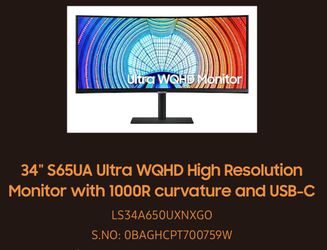 PC MONITOR 34" S65UA Ultra WQHD High Resolution Monitor with 1000R curvature and USB-C 2K