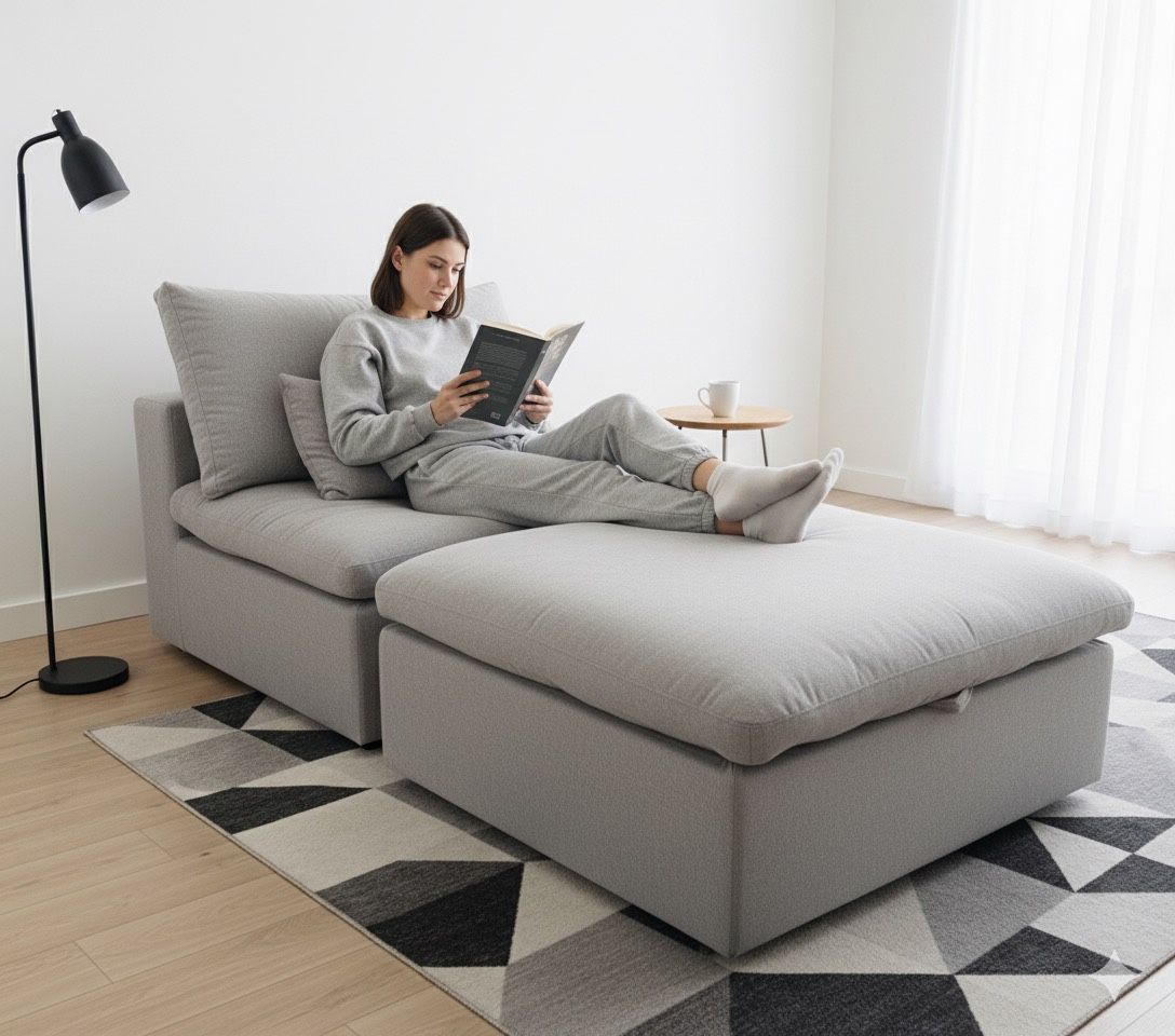 🏷OUTLET | 2pc Modern Modular Cloud Sofa Chair with Storage Ottoman💥