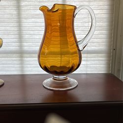 Brown Glass Pitcher With Clear Glass Base & Handle