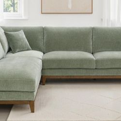 Brand New Olive Green Chenille Mid-Century Modern Style Sectional Sofa 