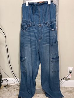 Tube Top Denim Cargo Jumpsuit