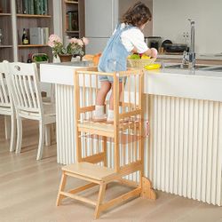 Toddler Kitchen Stool – Helper Tower for Kids with Safety Rail