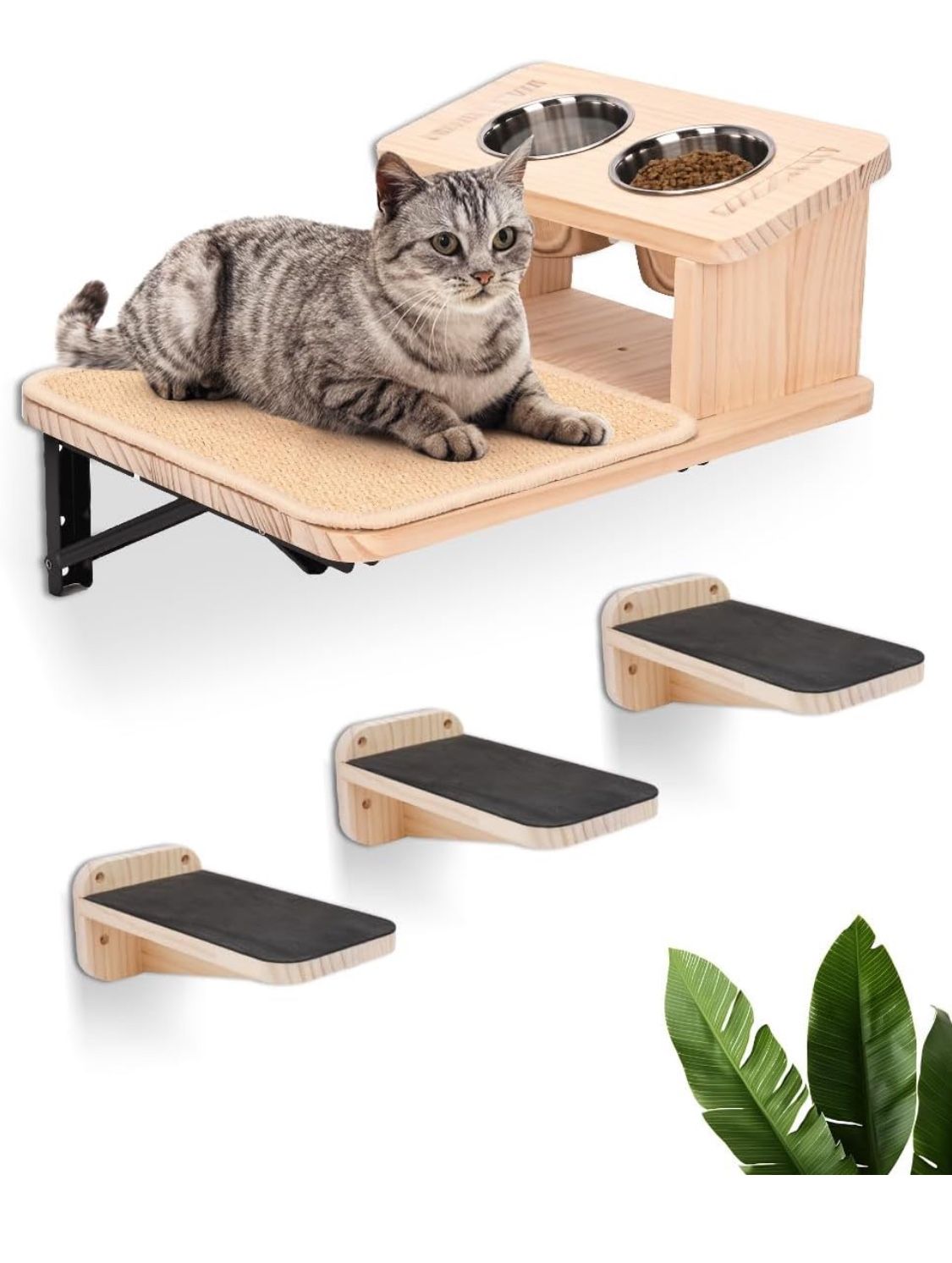 Cat Wall Shelves with 3 Cimbing Steps Cat Shelf Dogproof Feeding Bowls Station