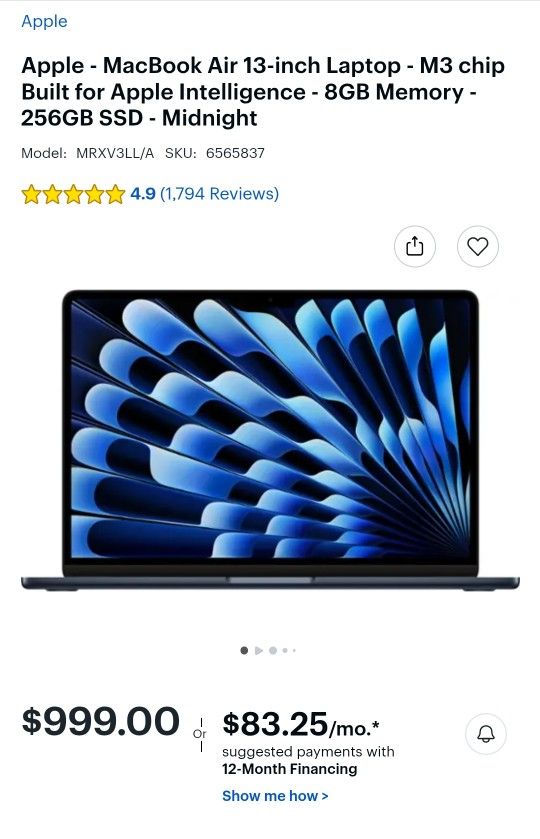 2024 MacBook Air M3 Chip $900