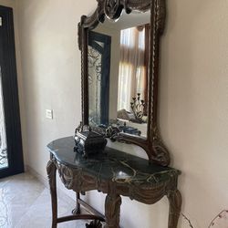 Entry Console With Mirror And China Decor With Glass Shelf 