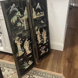 Vintage Asian Mother of Pearl & Soapstone Wall Art Panels – Set of 2