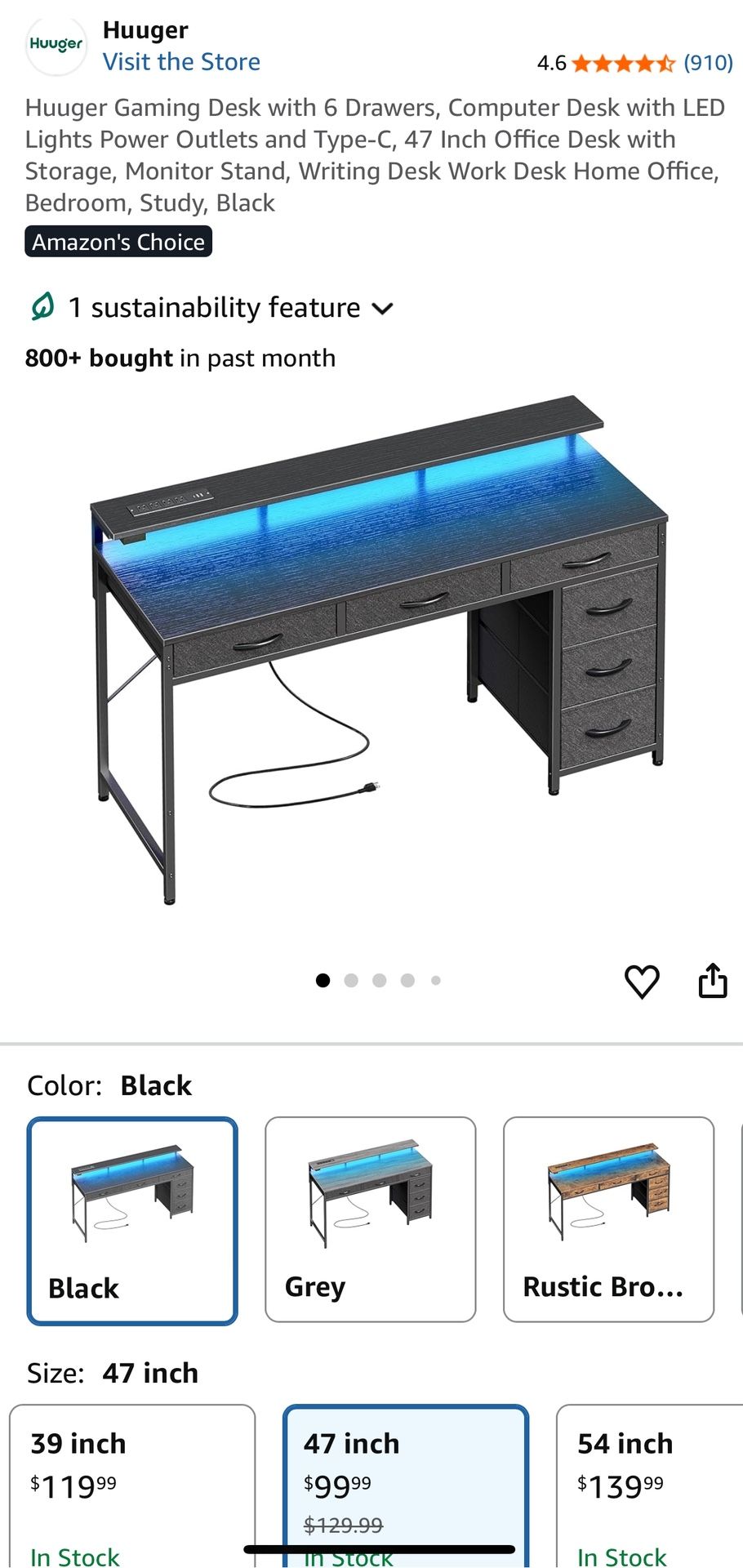 Huuger Gaming Desk with 6 Drawers, Computer Desk with LED Lights Power Outlets and Type-C, 47 Inch Office Desk with Storage, Monitor Stand, Writing De