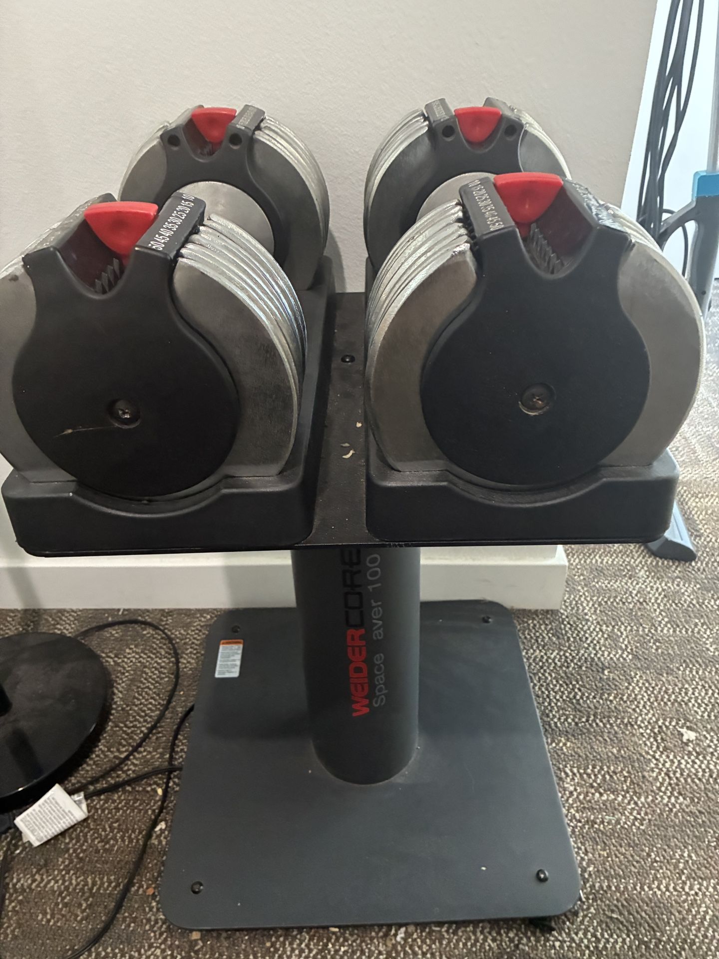 FOR SALE: Weider Adjustable Dumbbells (50 lbs Each) Stand
