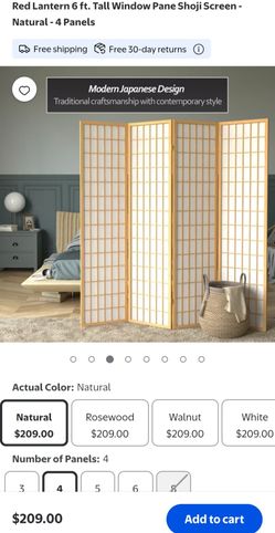 RedLantern 6 ft. Tall Window Pane Shoji Screen Natural-4Panels