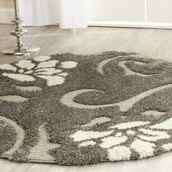 SAFAVIEH Florida Shag Collection Area Rug - 5' Round, Smoke & Beige, Floral Design, Non-Shedding & Easy Care, 1.2-inch Thick Ideal for High Traffic Ar