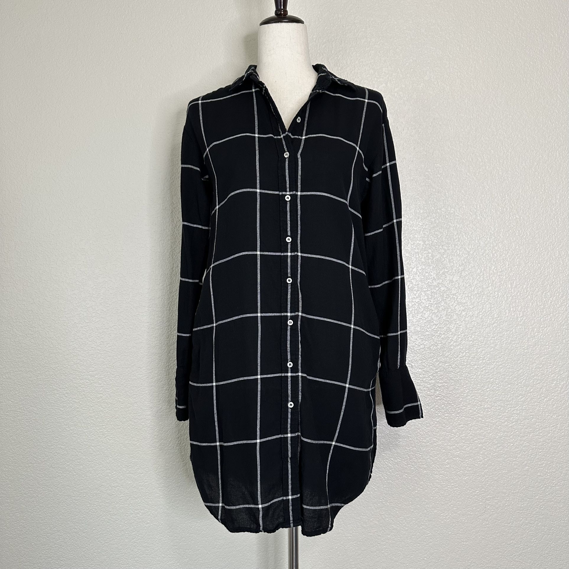 H&M Black White Windowpane Plaid Button Down Long Sleeves Dress