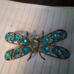 Dragonfly Pin  Silvertone  With Blue Crystals