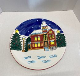 World Bazaars Christmas Village Hand Painted Plate 12 Inch Pre Owned