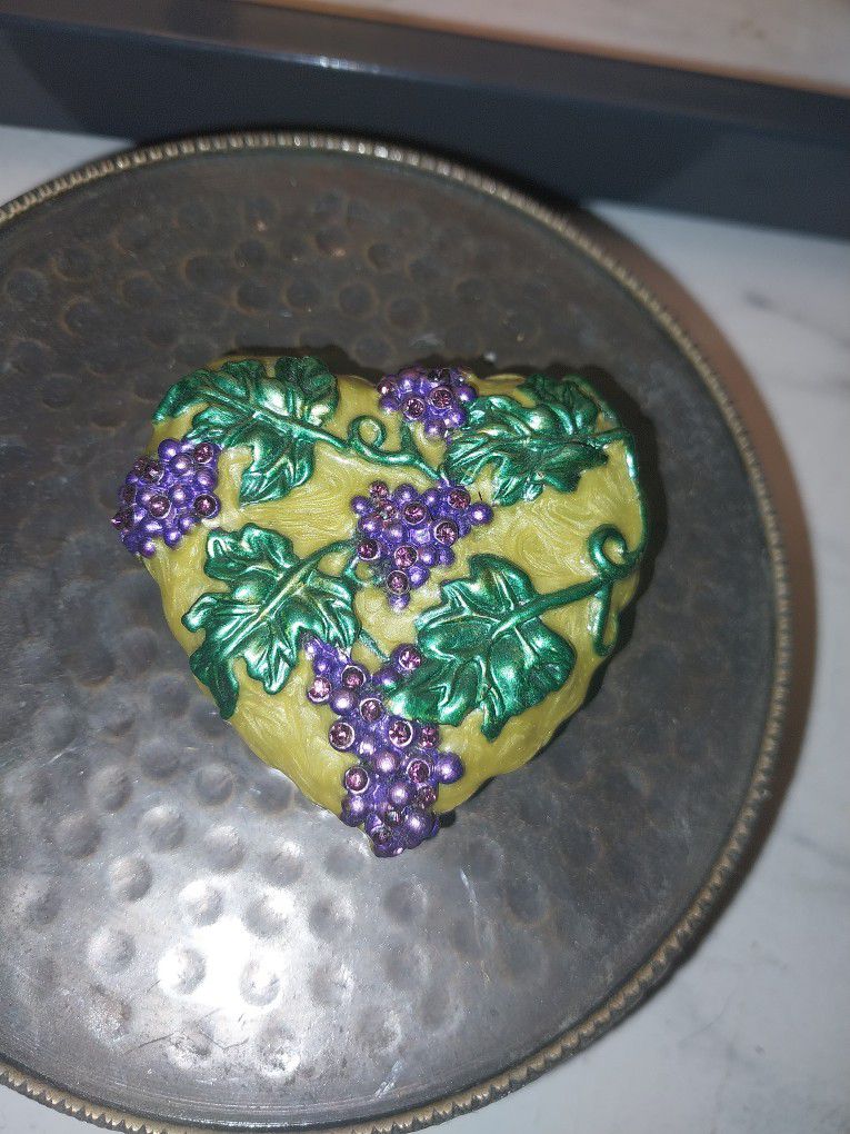 Vintage Heart Trinket Box with Grape and Vines Pewter Enamel