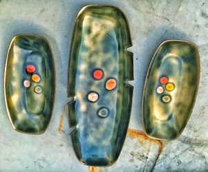 Bovano enameled copper three piece set one slightly crazed no chips....