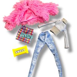 Pink Fur Fashion Doll Clothes Set 11.5in. Doll Outfits Coat Pants Skirt Sweet