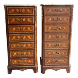 NY: Pair of Antique French Louis XV-Style Marble Tall Cabinets with Inlaid Marquetry