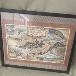 Lithograph "The Flukes Map of the British Virgin Islands", Roger Ellis signed. 21”x18”