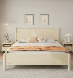 King Size Wood Platform Bed Frame with Headboard and Wooden Slat Support - Beige