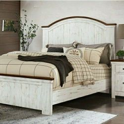 A Distressed White Finish Farmhouse Style Solid Wood Bed Boxspring Needed Available In Queen $560 And Cal King $620 Financing Available 