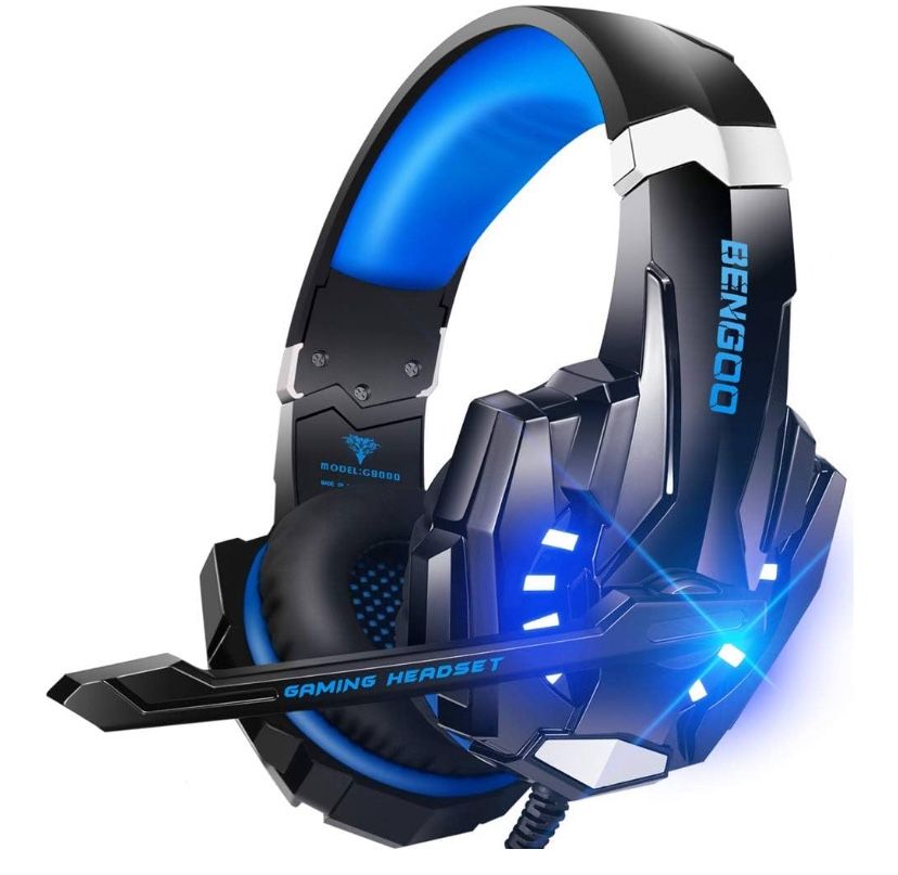 Stereo Gaming Headset for PS4 PC Xbox One PS5 Controller, Noise Cancelling Over Ear Headphones with Mic, LED Light, 7.1 Surround Sound, Soft Memory Ea
