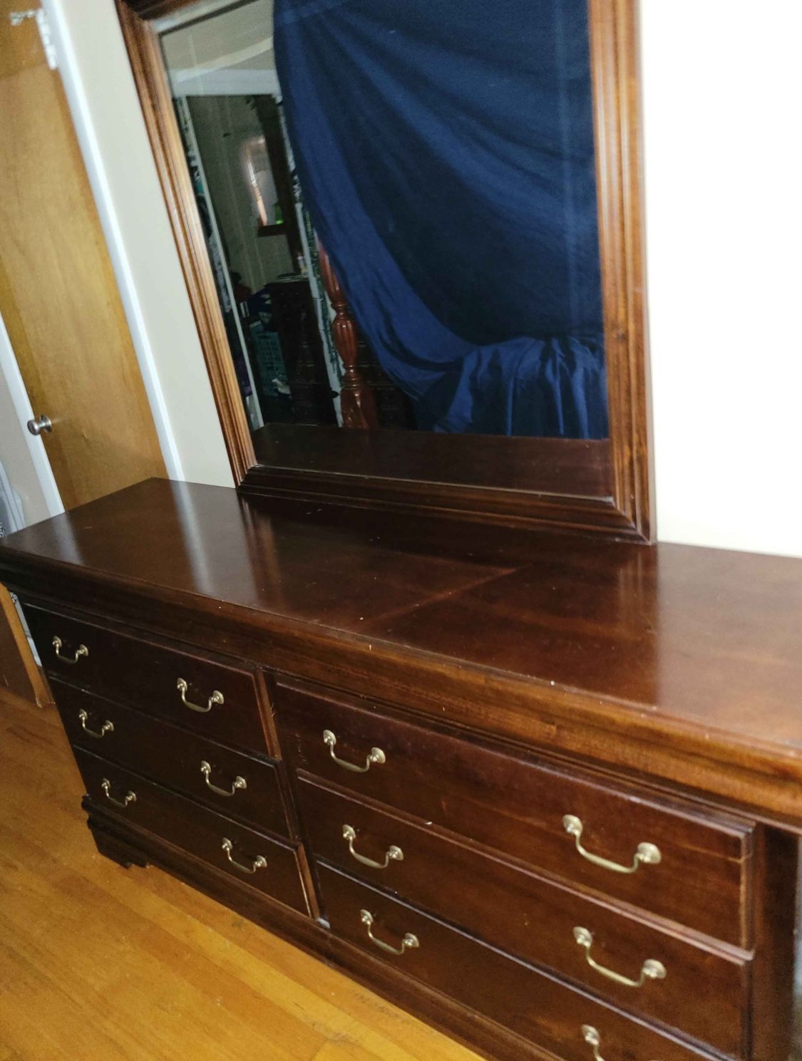 Large Cherry Colored Dresser With Mirror