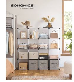 SONGMICS Cube Storage Organizer, Set of 16 Plastic Cubes, Book Shelf, Closet Organizers and Storage, Room Organization, Bedroom Living Room, 12.2 x 48