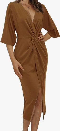 Brown V neck Midi Dress - Large