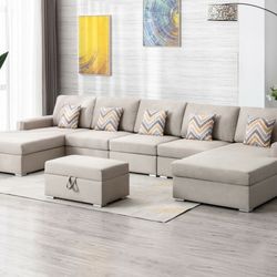 Double Chaise Sectional Sofa 124” Length - Free Delivery ✅ U Shape Sectional Sofa With Storage Ottoman