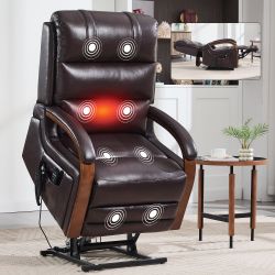 Power Brown Leatheraire Lift Recliner Chair Dual Motor Infinite Position Up to 350 LBS with Solid Wood Armrests, Heat Massage and Heavy Duty Motion Me