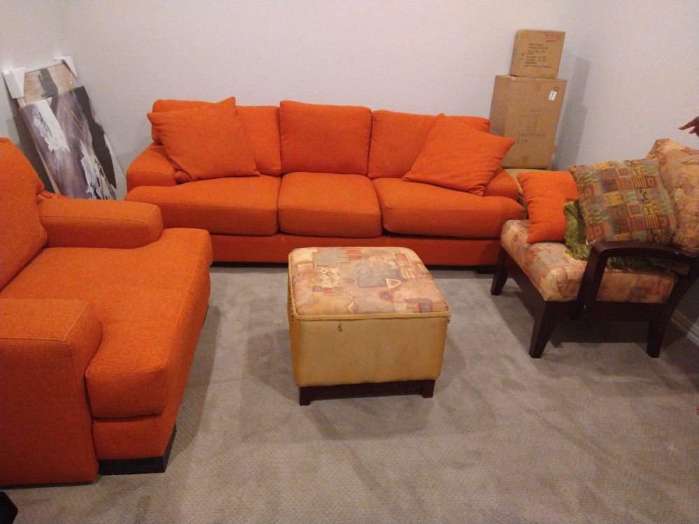 4 Pc Living Spaces  Sofa & Chair + Other Chair And Small Ottoman