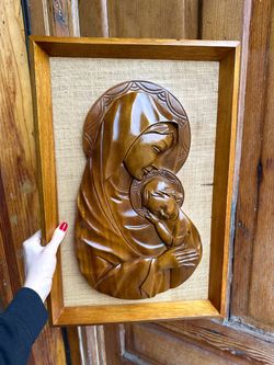 Vintage Madonna & Baby Jesus Artwork Carved Wood 