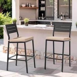 New Set of 2 Outdoor Metal Patio Bar Stools with Beige Cushions