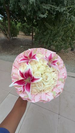 Fresh White Roses and Stargazer Lily Bouquet