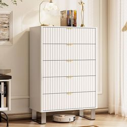 New005-white  $95  Fluted 5 Drawers Dresser, 48" H Modern Country Storage Dressers with Brushed Metal Handles, Wood Storage Organizers for Living Room