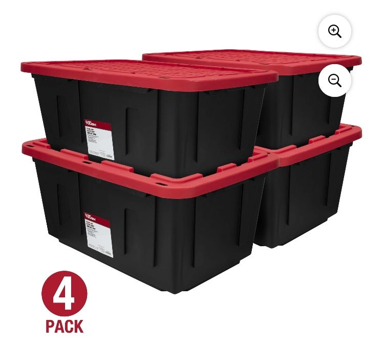 27 Gallon Stackable Snap Lid Plastic Storage Bin Container, Black with Red Lid, Set of 4