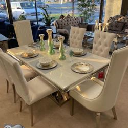 7 Pcs Dining Set Marble Table and 6 Chairs Kervin