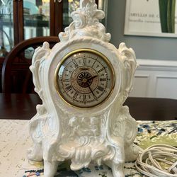 Vintage Narco lustreware electric mantle clock. White opal irredescent finish. Made in Germany.