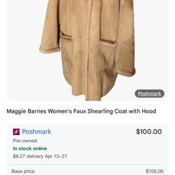 Maggie Barnes Womens Faux Shearling Coat With Hood& Embroidered Sleeves 3X