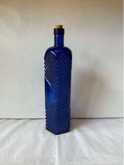 Vintage Tall 6 Sided Cobalt Blue Glass Bottle with Cork Stopper Featuring an Embossed 3D Diamond Pattern