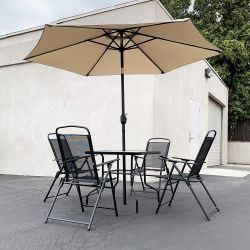 $140 (New) Outdoor 6pcs patio set with 32x32” table, 4pc folding chairs and 10ft tilt umbrella 
