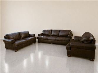 Brown Leather Sofa, Loveseat, and Chair