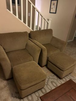 Pair of Tan Armchairs with Ottomans