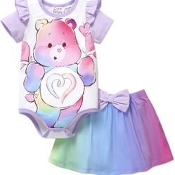PATPAT Care Bears 2Pcs Baby Girl Clothes Bear Print Ruffle Short Sleeve Romper and Rainbow Ombre Skirt Set