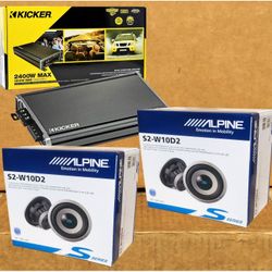 Kicker CX Series Power Amplifier Mono Subwoofer System Alpine S Series 10" Dual Voice Coil Subwoofers 3600 Watt Package 🚨 Payment Options Available 