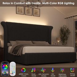 B865 $240  Queen Bed Frame with 54” Tall Faux-Fur Wingback Headboard, Upholstered Platform Bed with LED Light, Mattress Foundation with Solid Wooden S