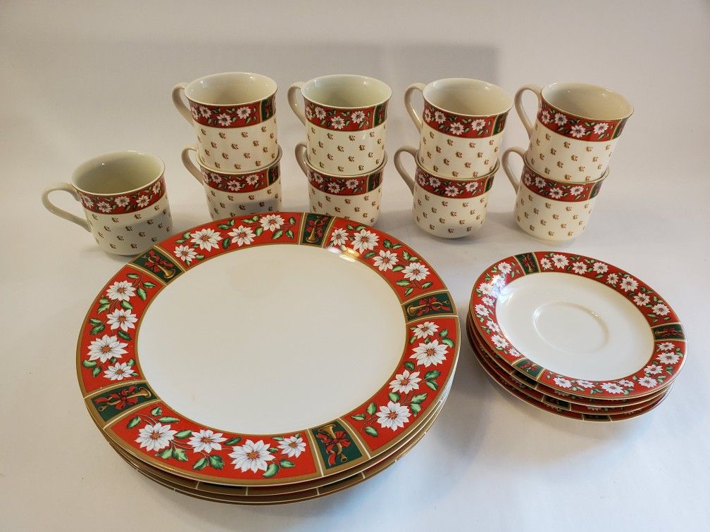 CHARLTON HALL by KOBE Christmas 17 PC DINNERWARE SET - Plates, Saucers & Cups