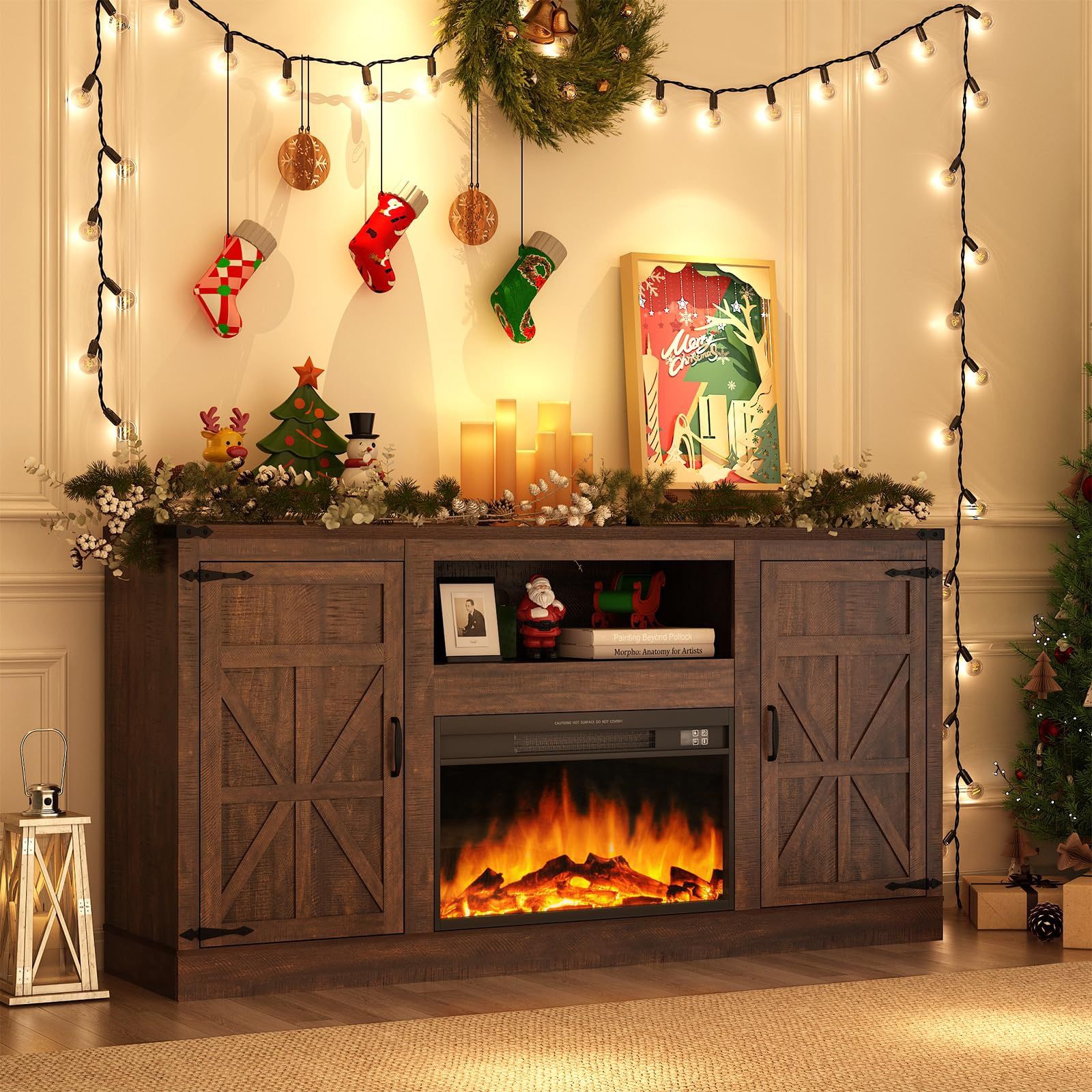 66" Farmhouse Fireplace TV Stand for 75" TVs, 33.5" Tall Entertainment Center w/26 Electric Fireplace&Storage Adjustable Shelves, Fireplace TV Media C